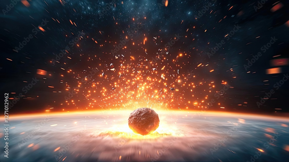 Poster asteroid impact idea. a dramatic cosmic event showcasing an asteroid colliding with a planet's surfa