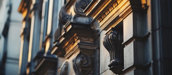 Ornate architectural details on a historic building facade at sunset.