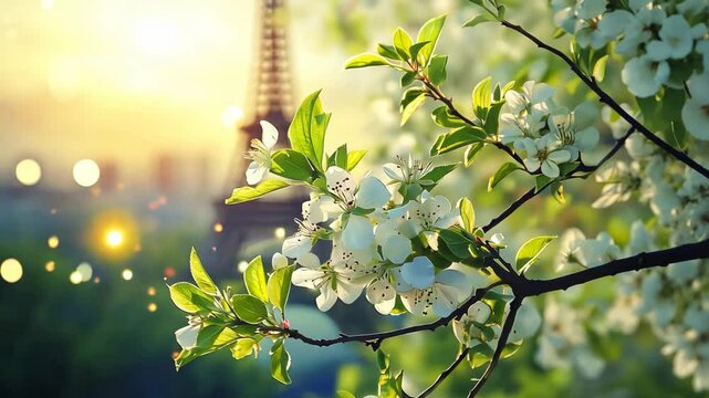 Eiffel Tower and Rose Flowers. Selective Focus. Nature.