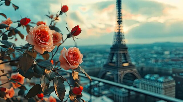 Eiffel Tower against the background of blooming flowers. Selective focus. Nature.