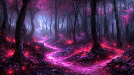 Obraz premium Dark enchanted forest illuminated by soft pink lights creating a dreamlike ambiance