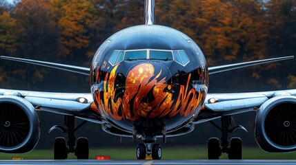 Fototapeta premium Vibrantly Decorated Airplane on Taxiway Surrounded by Autumn Foliage Against a Clear Sky in a Regional Airport Setting