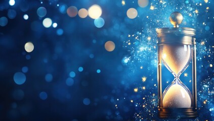 Hourglass with magical blue sparkle background.