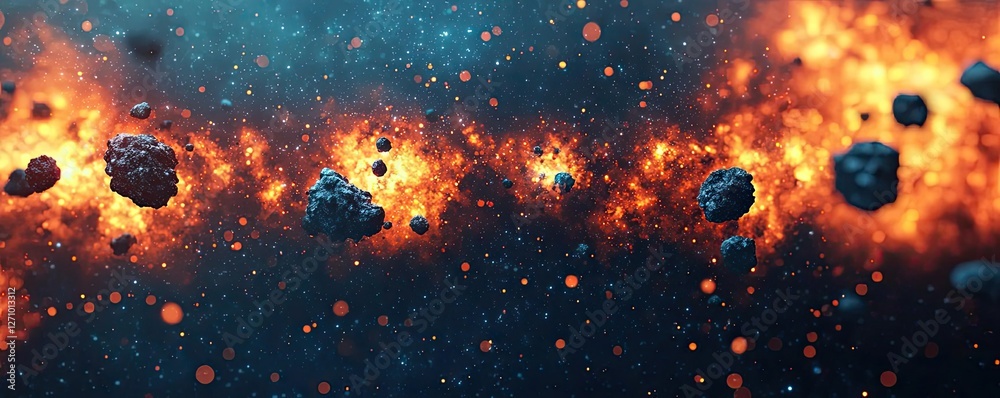 Poster asteroid impact idea. a vibrant cosmic scene featuring glowing asteroids and swirling gases in space