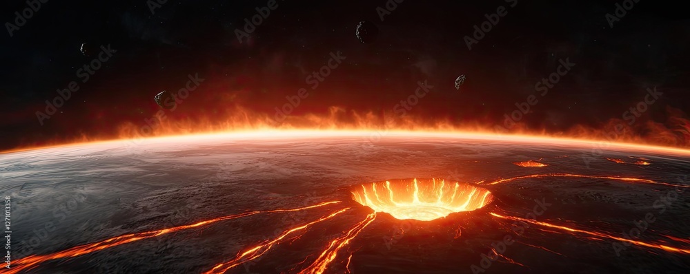 Poster asteroid impact concept. a dramatic view of a volcanic eruption on an alien planet with fiery lava f