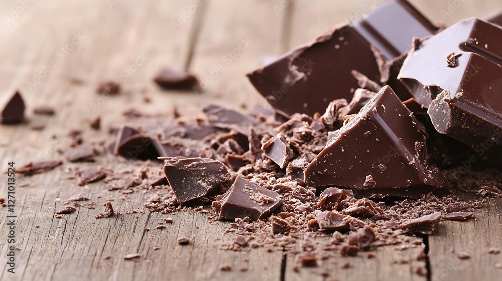Aufkleber rich dark chocolate pieces scattered on rustic wooden surface with a textured background : generativ