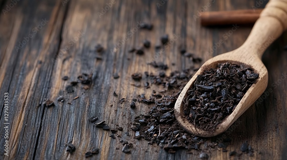 Poster finely ground coffee beans in wooden scoop resting on rustic wooden table surface : generative ai