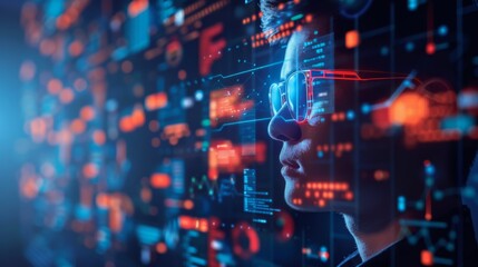 Obraz premium A young individual with glasses observes a vibrant digital display glowing with data visualizations and information. The setting presents a tech focused ambiance at night.