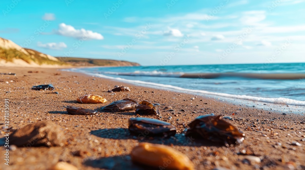 Poster plastic pollution concept. serene beach with shells and pebbles under a bright blue sky and gentle w