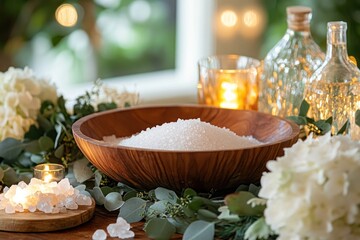Naklejka premium Wooden bowl of bath salts, candles, and flowers on a wooden table.