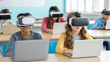 A group of students work together on a laptop and VR in the classroom