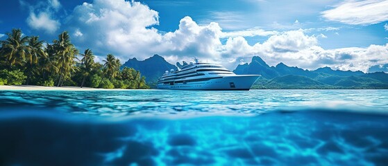 Obraz premium Luxury cruise ship anchored near a tropical beach with crystal-clear water and lush palm trees.