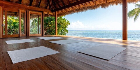 Fototapeta premium A serene yoga studio overlooking the ocean, featuring mats on a wooden floor, surrounded by tropical greenery and sunlight.
