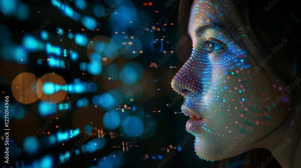 Fototapete a woman gazes thoughtfully as colorful digital data projections illuminate her face, creating intric