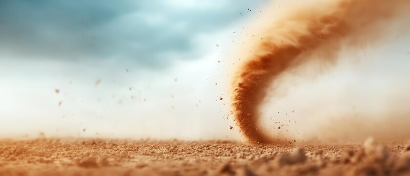 A dust devil swirling on a parched, cracked terrain, a potential precursor to an impending severe weather system.