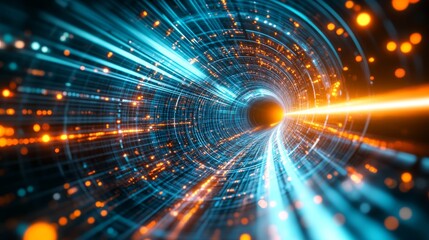 Fototapeta premium Futuristic Light Tunnel, Abstract Digital Background, Cyber Lights, Glowing Particles, Futuristic Vortex Pattern