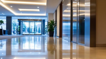 Fototapeta premium Elegant hotel lobby showcasing polished floors and vibrant greenery offering a welcoming atmosphere : Generative AI