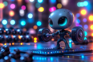 Fototapeta premium Cute alien character lifts weights in a colorful, futuristic gym setting at night
