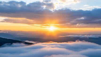 Fototapeta premium Stunning sunrise over mountains casting golden light on cloud sea in serene landscape : Generative AI