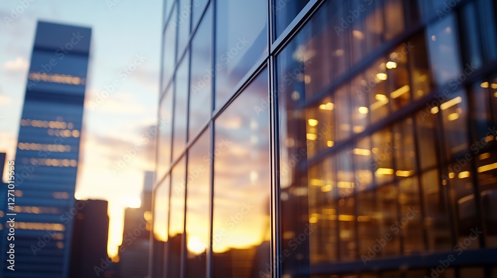 Poster modern office building reflection captured at sunset creating a stunning urban scene : generative ai