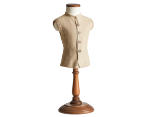 children clothing mannequin with adjustable limbs, showcasing beige vest. This versatile display piece is perfect for retail settings or fashion presentations