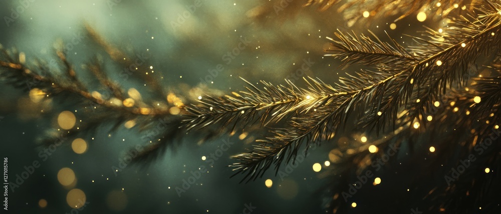 Wall mural golden pine branch with bokeh lights and dust particles, creating a magical, festive atmosphere.