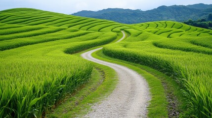 Scenic Winding Path Through Lush Green Rice Terraces in Nature