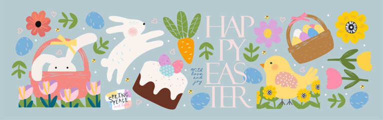 Happy Easter. Vector cute illustration of Easter cake with decorated eggs, bunny, chick, flowers, basket, carrot for greeting card, icons set, postcard, background or sticker