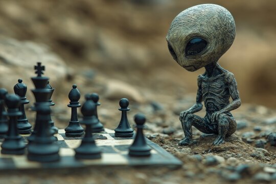 Alien figures engaged in a strategic chess match in a rocky, extraterrestrial landscape