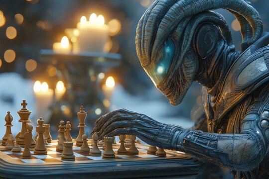 Intricate chess match played by an alien in a warm, candlelit setting with glowing lights and soft ambiance