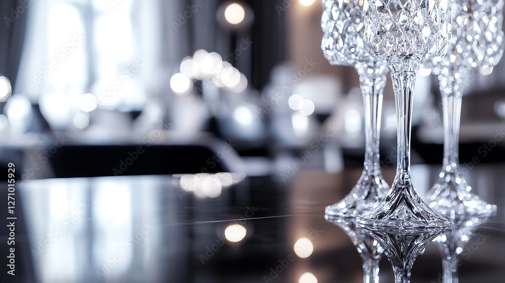 Aufkleber Crystal glasses reflecting soft ambient light in a stylish upscale dining setting : Generative AI