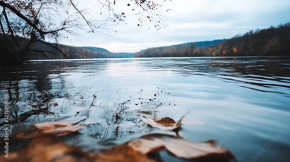 Poster serene lakeside view with autumn leaves floating in the water reflecting a cloudy sky : generative a