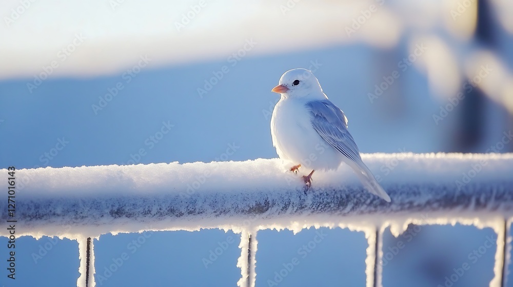Aufkleber charming white bird perched on a frosty railing illuminated by soft cold winter light : generative a