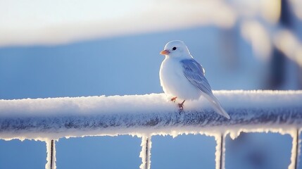 Obraz premium Charming white bird perched on a frosty railing illuminated by soft cold winter light : Generative AI