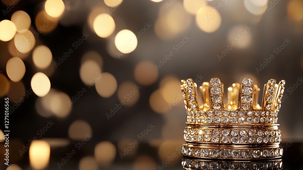 Poster Elegant golden crown adorned with sparkling diamonds against a blurred bokeh background : Generative AI