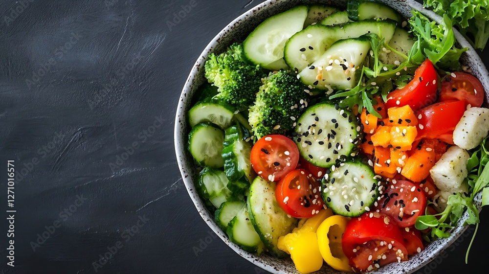 Poster fresh and colorful vegetable salad presented in a stylish bowl on a dark background : generative ai