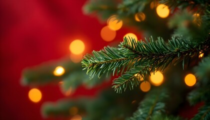 Ramas de árboles de Navidad y luces bokeh sobre un fondo de tela roja