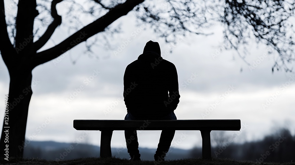 Aufkleber Silhouette of a man sitting on a bench under a tree with an overcast sky in the background : Generative AI