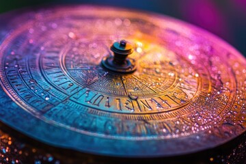 Close-up of an antique astrolabe with water droplets, illuminated by colorful lights.