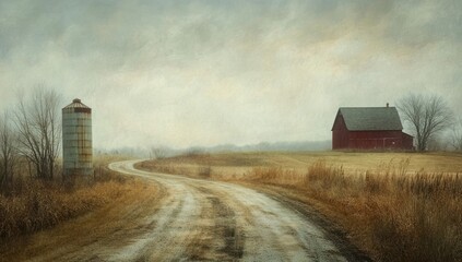 Fototapeta premium Rustic red barn and silo on a winding country road.