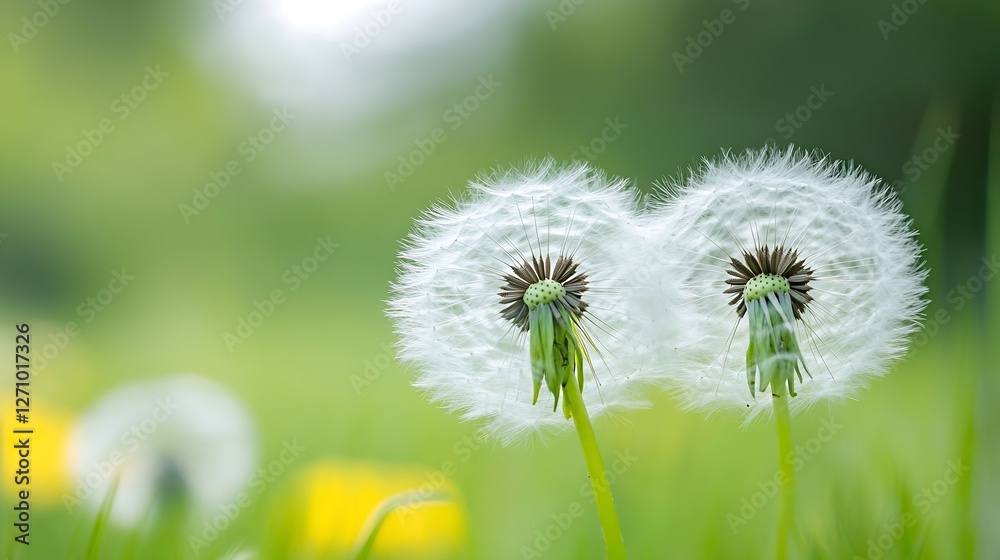 Poster close up of dandelion fluff in a green meadow signifying the beauty of nature and renewal : generati