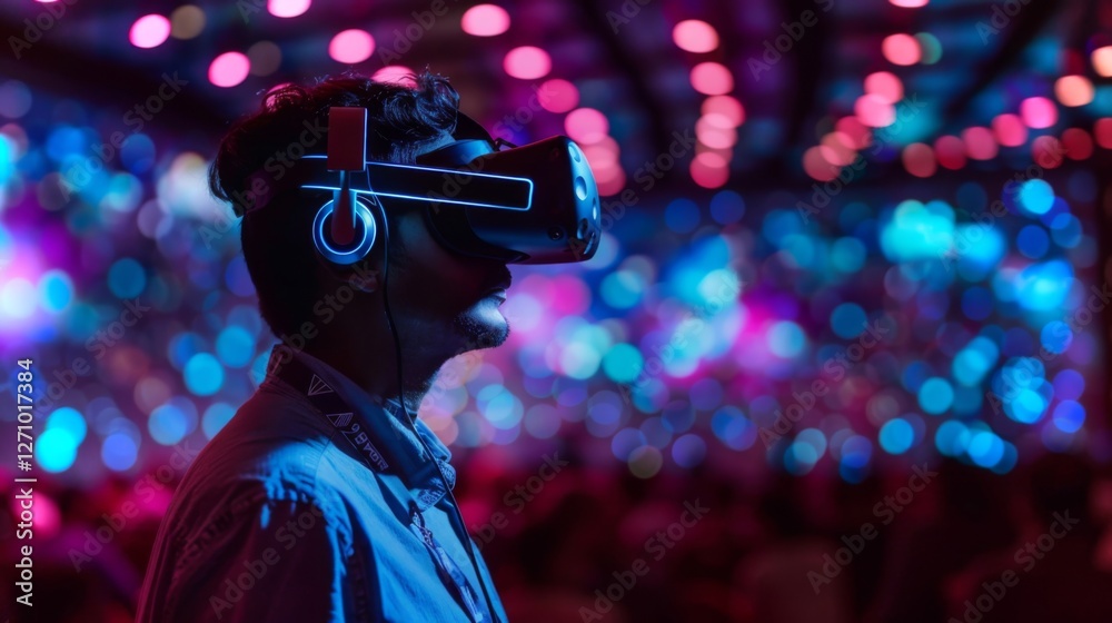 Leinwandbilder a participant explores a virtual reality headset at a bustling technology event, surrounded by color