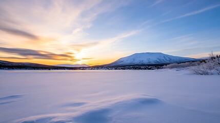Obraz premium Breathtaking winter landscape featuring a snowcovered lake and majestic mountains during a colorful sunset : Generative AI