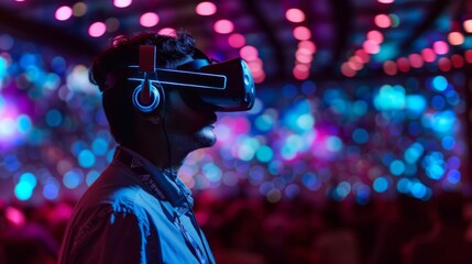 A participant explores a virtual reality headset at a bustling technology event, surrounded by colorful lights and an enthusiastic crowd enjoying the innovative displays.