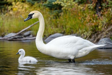 Obraz premium Trumpeter Swan. Majestic Cygnet Trumpeting its Beauty at White Water Lake