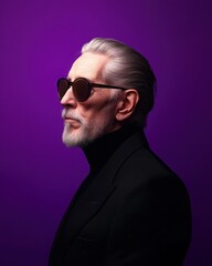 Obraz premium A portrait of an elderly man with sunglasses and a sleek black suit, set against a deep purple background. 