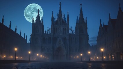 Fototapeta premium Intriguing night view of a Gothic cathedral illuminated by street lamps under a full moon