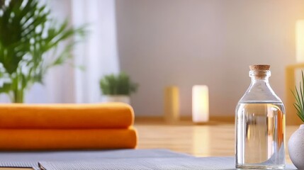 Refreshing Bottle of Water Next to Soft Towel on a Wooden Table Creating a Relaxed and Inviting Atmosphere Perfect for Wellness and Hydration