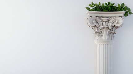 classic column with intricate Corinthian design stands against white background, adorned with green leaves on top, creating blend of architectural elegance and natural beauty