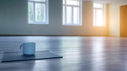 A Cozy White Mug Resting on a Colorful Yoga Mat in a Peaceful Room Creating a Tranquil Atmosphere for Mindfulness and Relaxation Practice